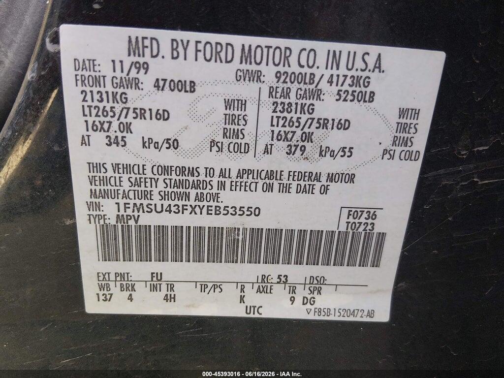 1FMSU43FXYEB53550 2000 FORD EXCURSION photo no. 9