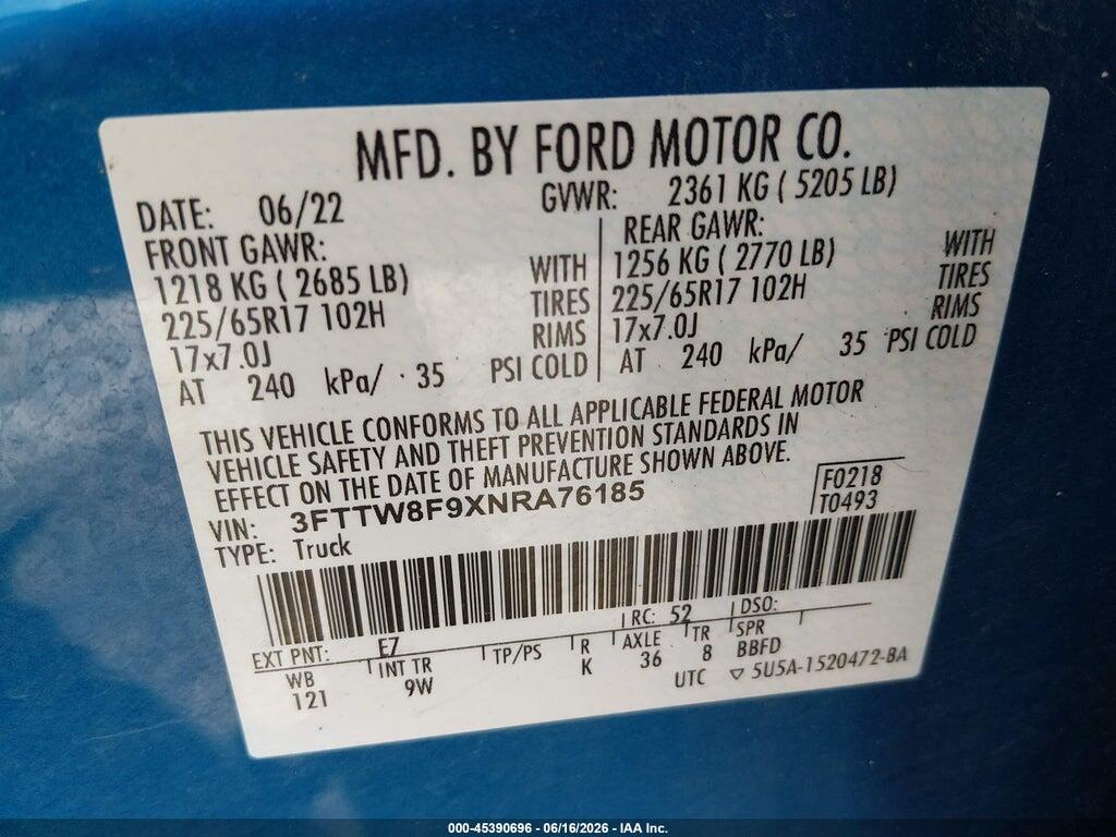 3FTTW8F9XNRA76185 2022 FORD MAVERICK photo no. 9