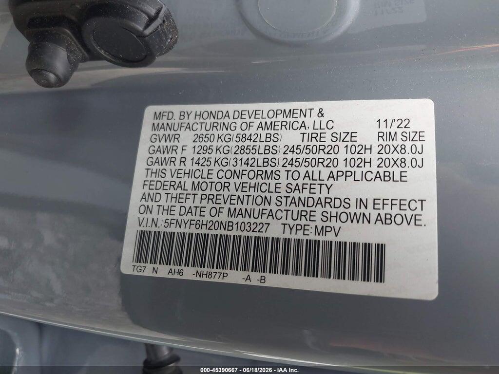 5FNYF6H20NB103227 2022 HONDA PILOT photo no. 9