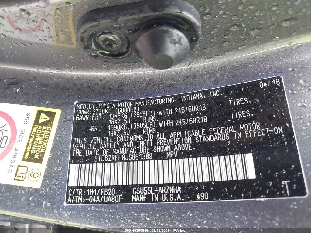 5TDBZRFH8JS861389 2018 TOYOTA HIGHLANDER photo no. 9