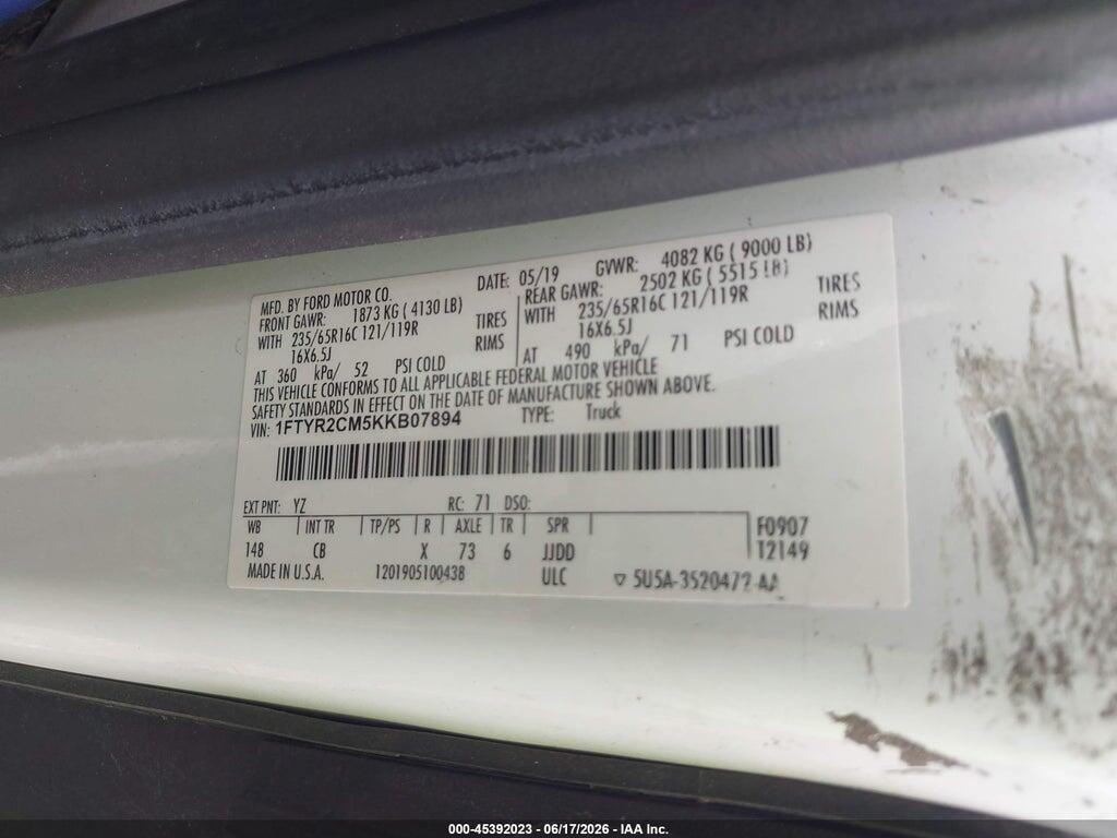 1FTYR2CM5KKB07894 2019 FORD TRANSIT-250 photo no. 9