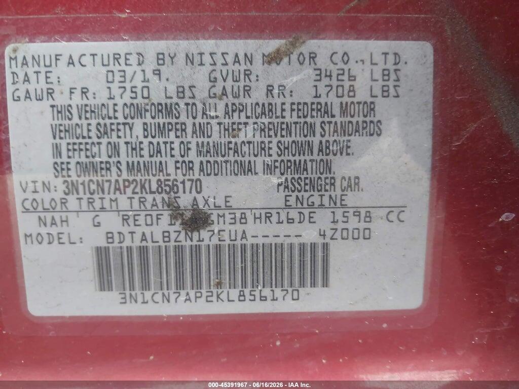 3N1CN7AP2KL856170 2019 NISSAN VERSA photo no. 9