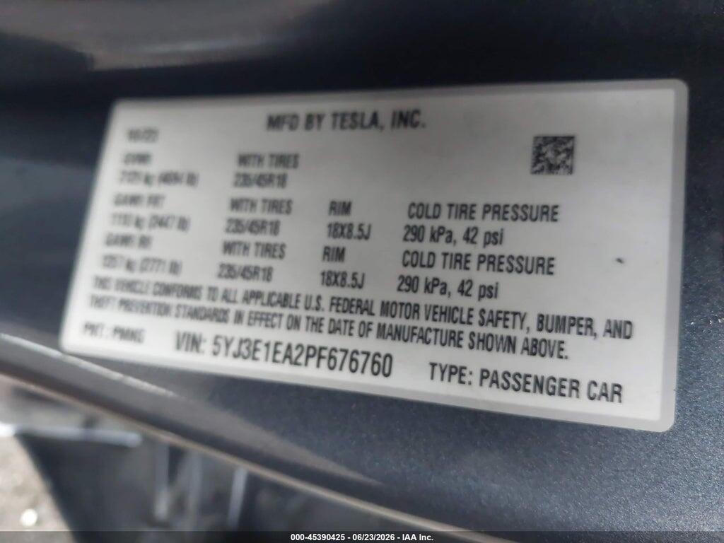 5YJ3E1EA2PF676760 2023 TESLA MODEL 3 photo no. 9