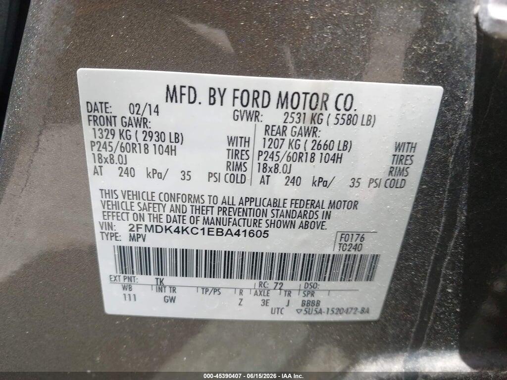 2FMDK4KC1EBA41605 2014 FORD EDGE photo no. 9