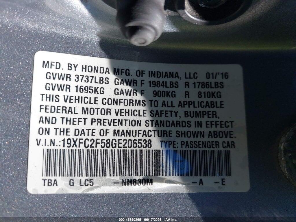 19XFC2F58GE206538 2016 HONDA CIVIC photo no. 9