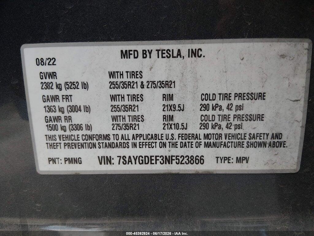 7SAYGDEF3NF523866 2022 TESLA MODEL Y photo no. 9