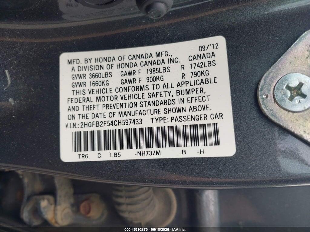 2HGFB2F54CH597433 2012 HONDA CIVIC photo no. 9
