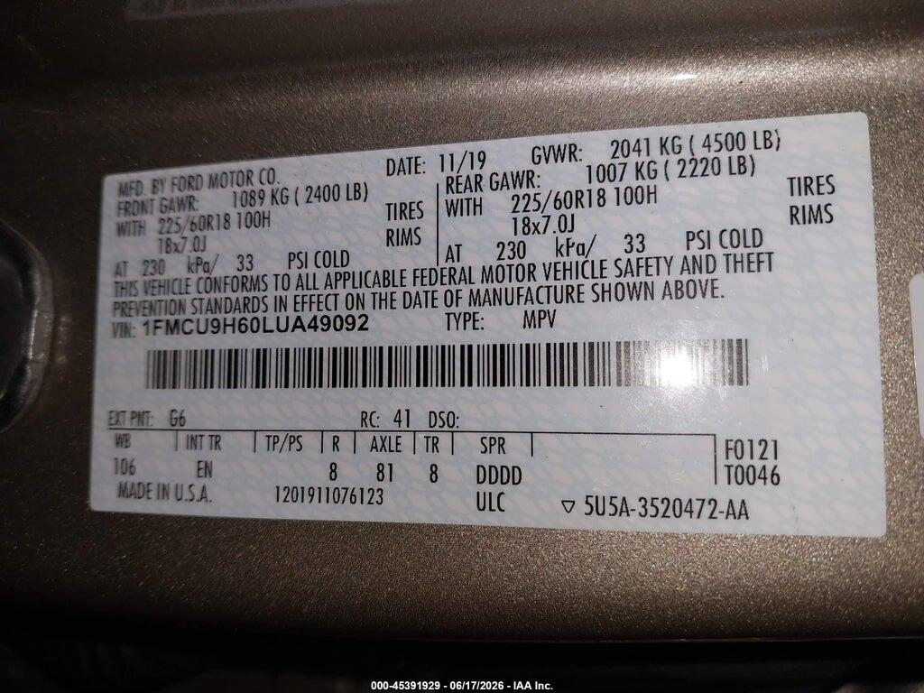 1FMCU9H60LUA49092 2020 FORD ESCAPE photo no. 9