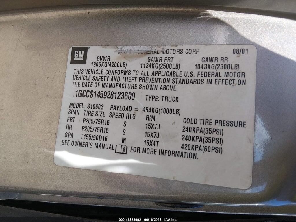 1GCCS145928123609 2002 CHEVROLET S-10 photo no. 9