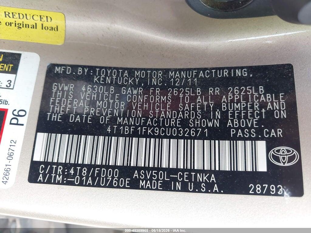 4T1BF1FK9CU032671 2012 TOYOTA CAMRY photo no. 9