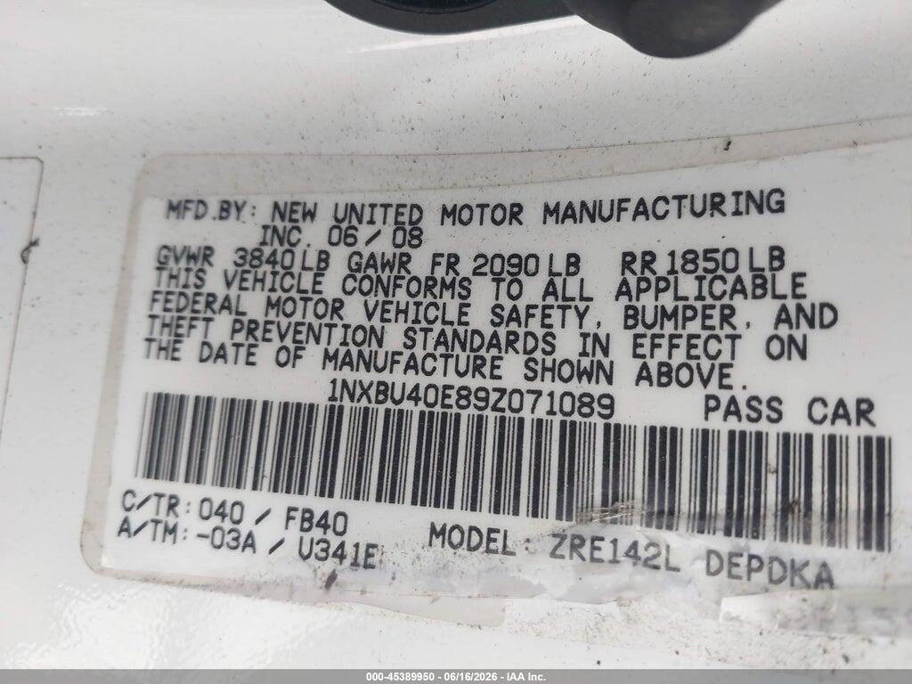 1NXBU40E89Z071089 2009 TOYOTA COROLLA photo no. 9