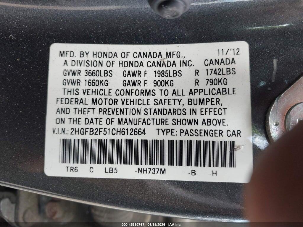 2HGFB2F51CH612664 2012 HONDA CIVIC photo no. 9