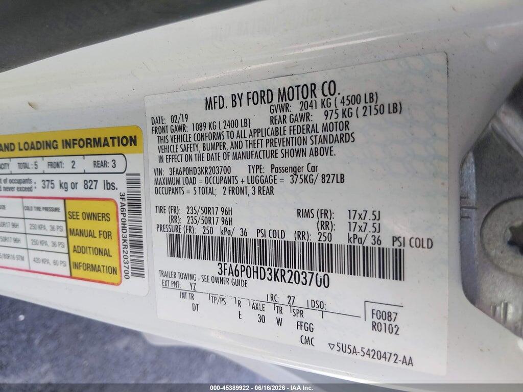 3FA6P0HD3KR203700 2019 FORD FUSION photo no. 9