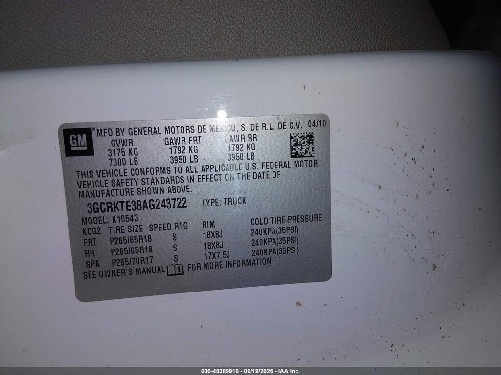 3GCRKTE38AG243722 2010 CHEVROLET SILVERADO 1500 photo no. 9