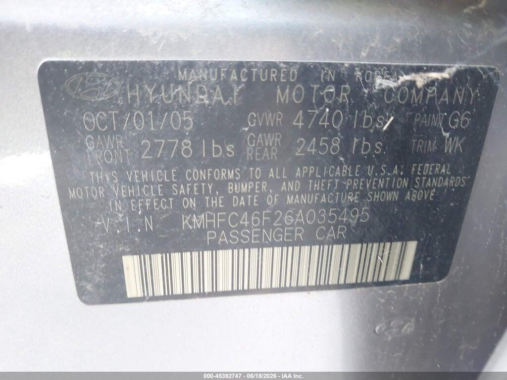 KMHFC46F26A035495 2006 HYUNDAI AZERA photo no. 9