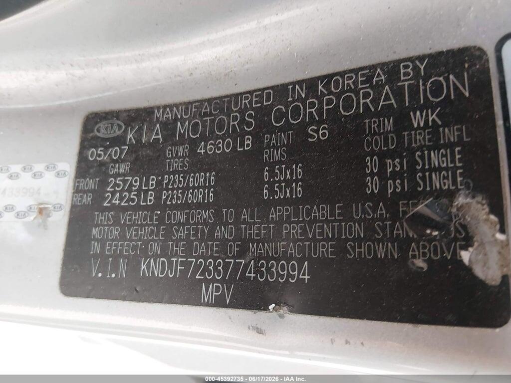 KNDJF723377433994 2007 KIA SPORTAGE photo no. 9