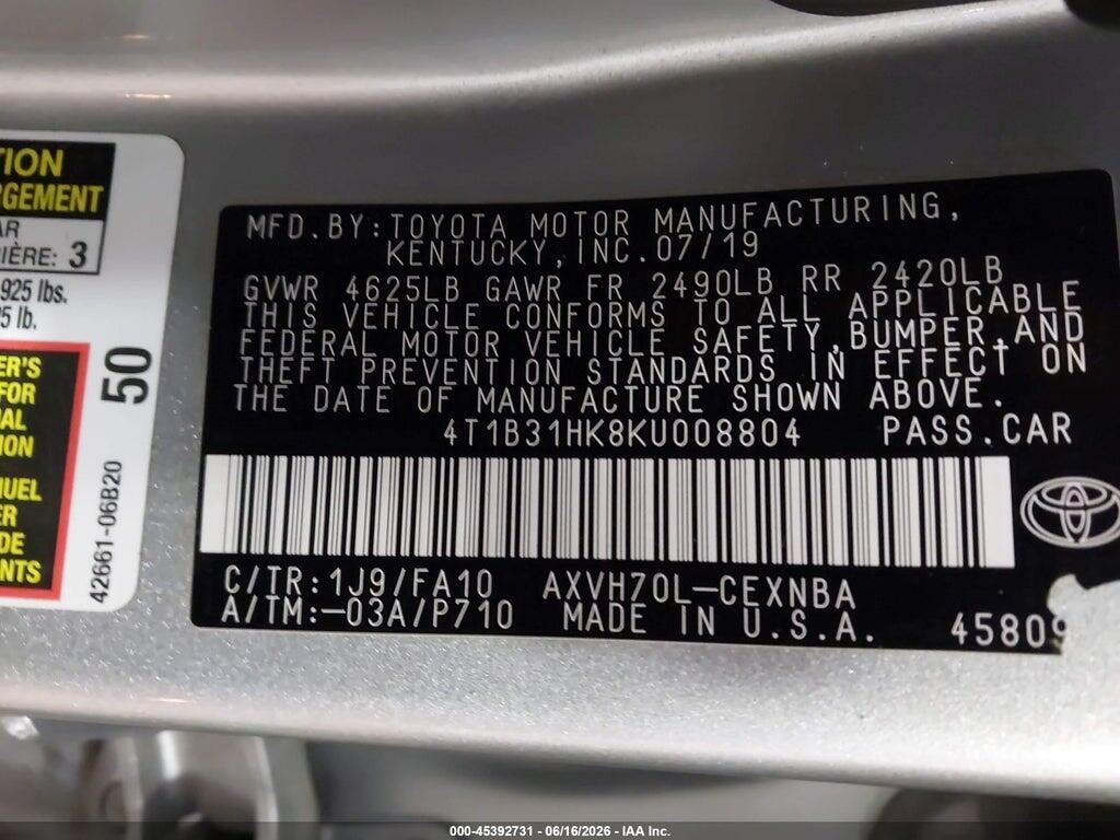 4T1B31HK8KU008804 2019 TOYOTA CAMRY HYBRID photo no. 9