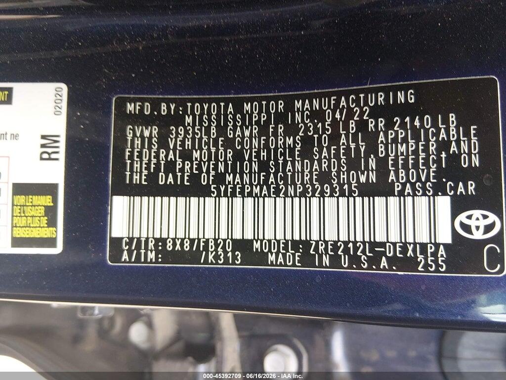 5YFEPMAE2NP329315 2022 TOYOTA COROLLA photo no. 9