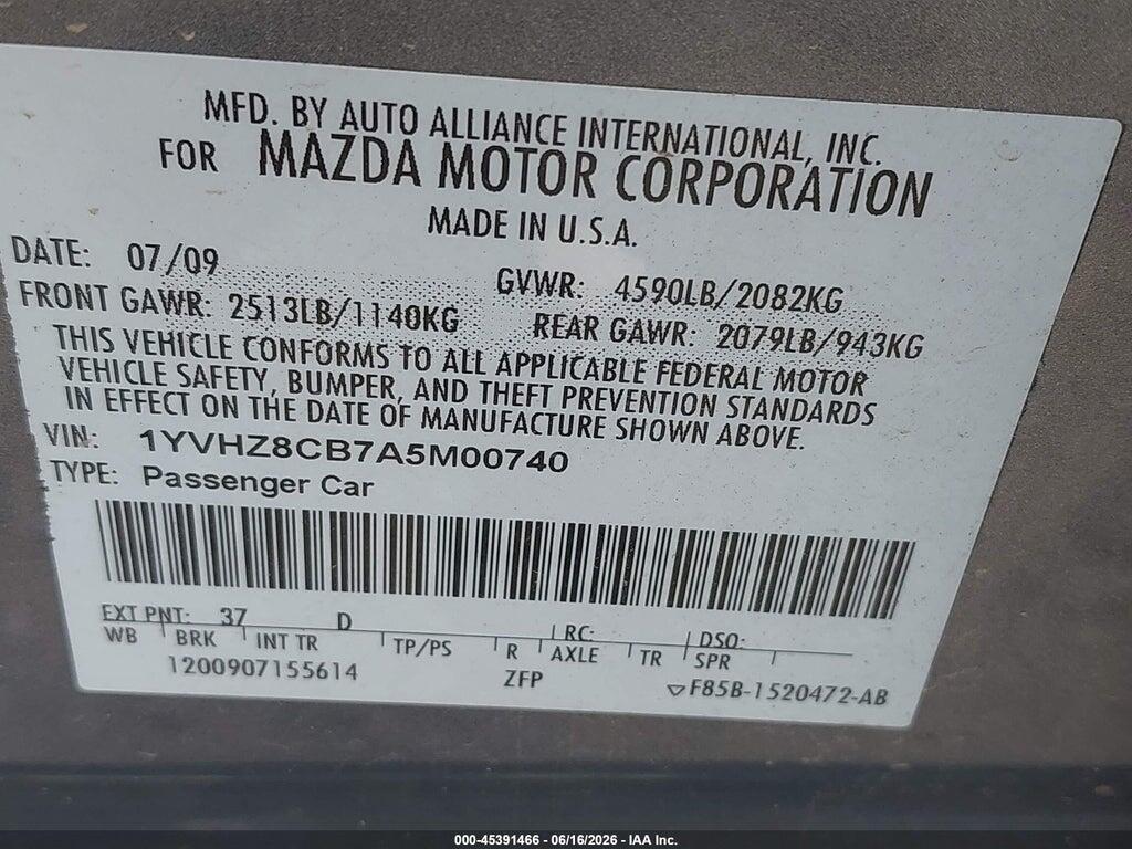 1YVHZ8CB7A5M00740 2010 MAZDA MAZDA6 photo no. 9