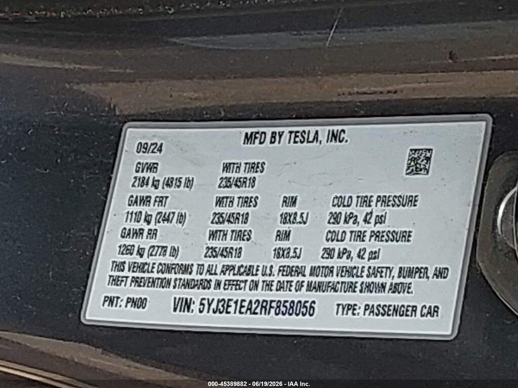 5YJ3E1EA2RF858056 2024 TESLA MODEL 3 photo no. 9