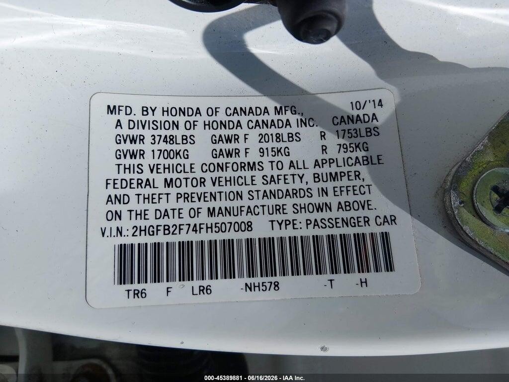 2HGFB2F74FH507008 2015 HONDA CIVIC photo no. 9