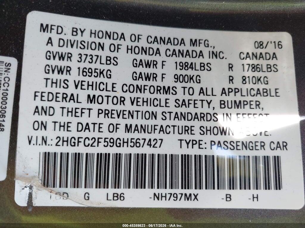 2HGFC2F59GH567427 2016 HONDA CIVIC photo no. 9