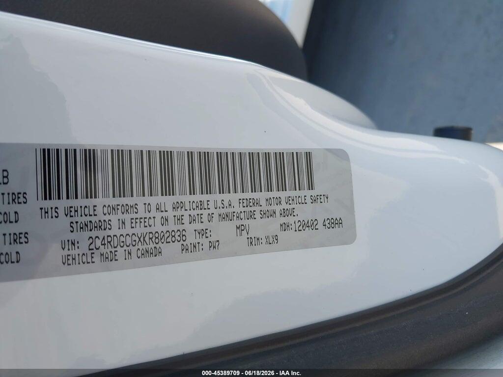 2C4RDGCGXKR802836 2019 DODGE GRAND CARAVAN photo no. 9
