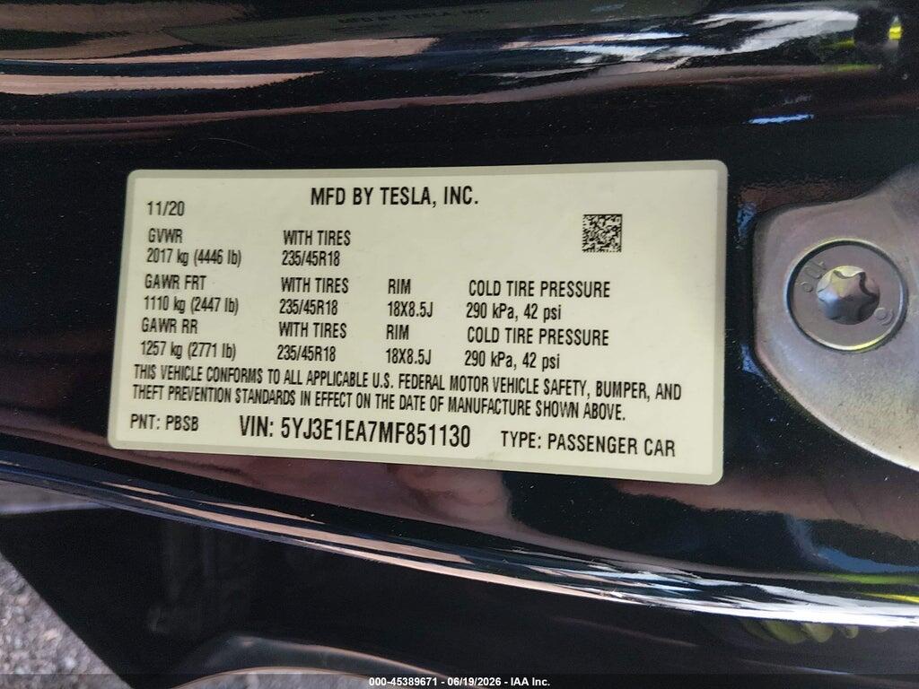 5YJ3E1EA7MF851130 2021 TESLA MODEL 3 photo no. 9