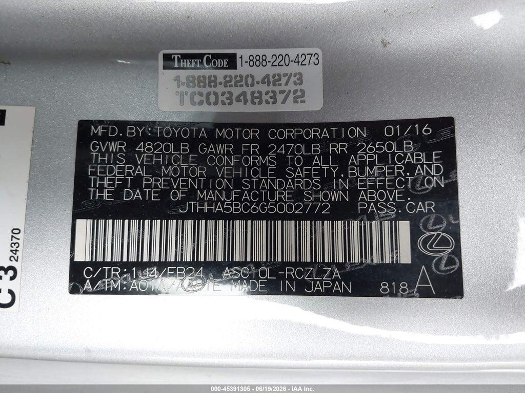 JTHHA5BC6G5002772 2016 LEXUS RC 200T photo no. 9