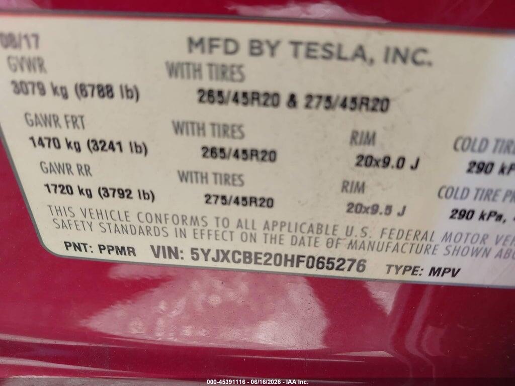 5YJXCBE20HF065276 2017 TESLA MODEL X photo no. 9