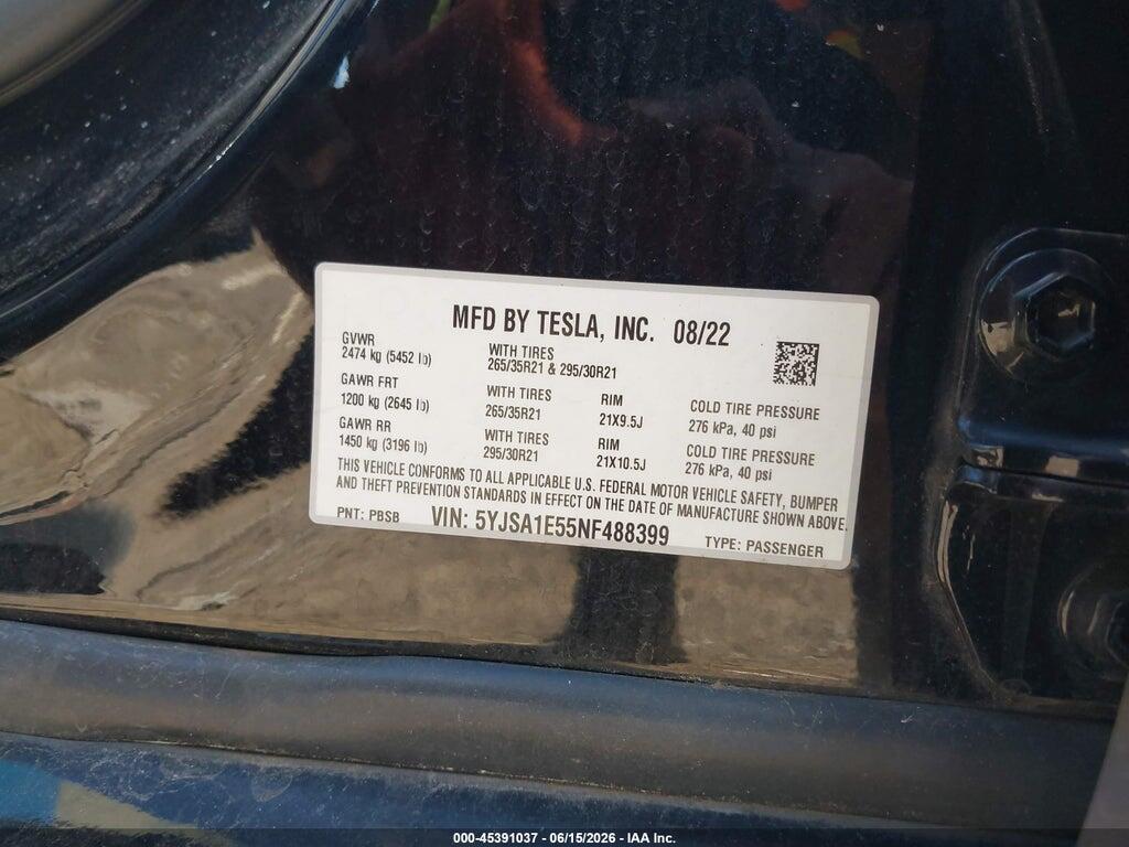 5YJSA1E55NF488399 2022 TESLA MODEL S photo no. 9