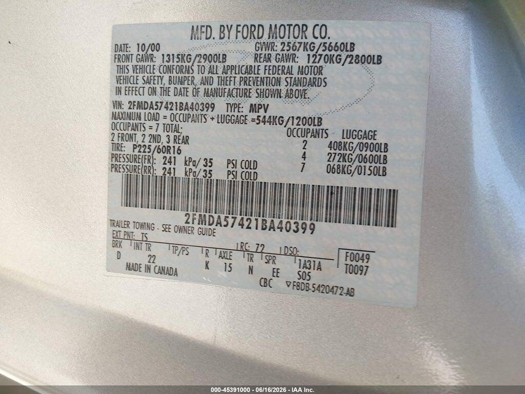 2FMDA57421BA40399 2001 FORD WINDSTAR photo no. 9