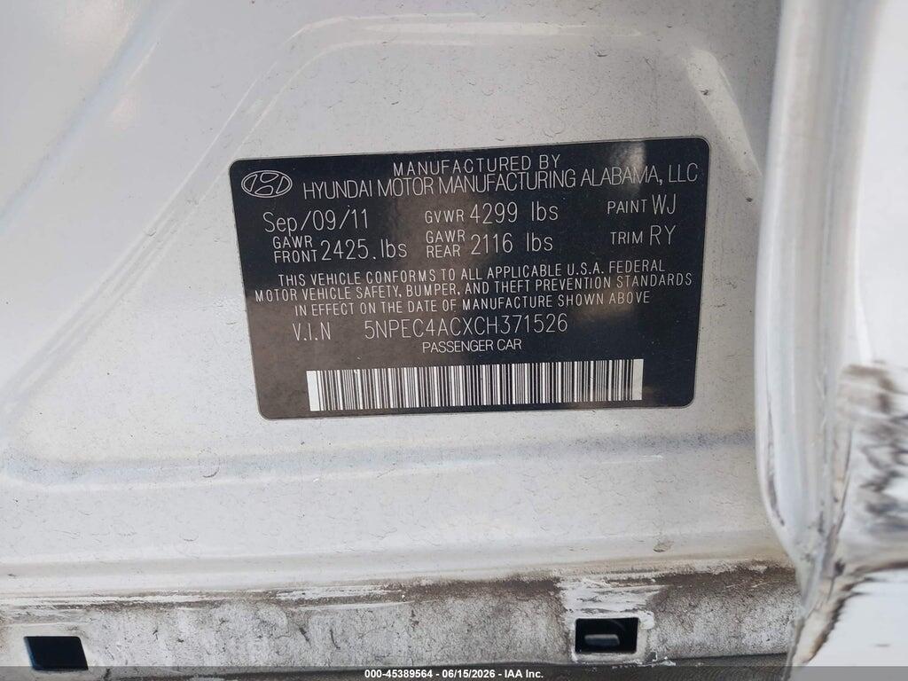 5NPEC4ACXCH371526 2012 HYUNDAI SONATA photo no. 9