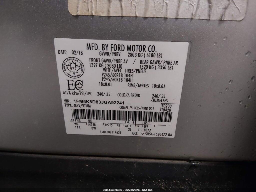 1FM5K8D83JGA92241 2018 FORD EXPLORER photo no. 9