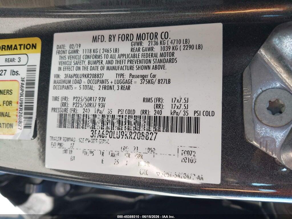 3FA6P0LU9KR208827 2019 FORD FUSION HYBRID photo no. 9