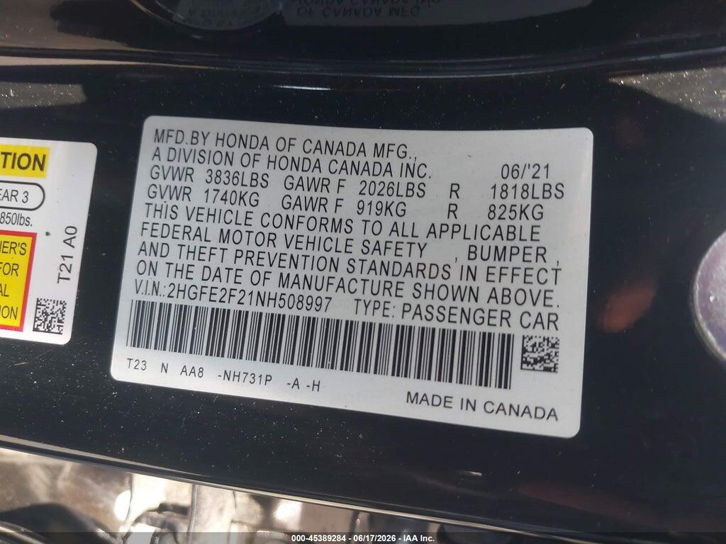 2HGFE2F21NH508997 2022 HONDA CIVIC photo no. 9