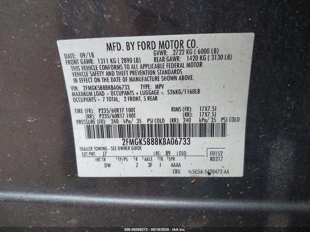 2FMGK5B88KBA06733 2019 FORD FLEX photo no. 9