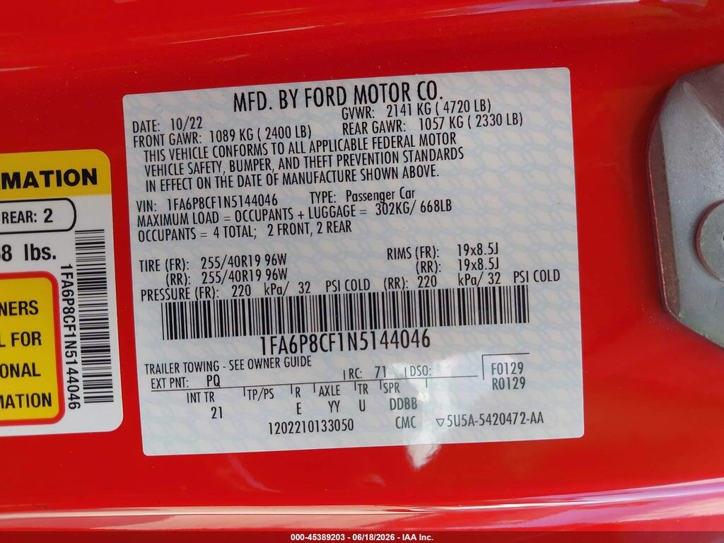 1FA6P8CF1N5144046 2022 FORD MUSTANG photo no. 9