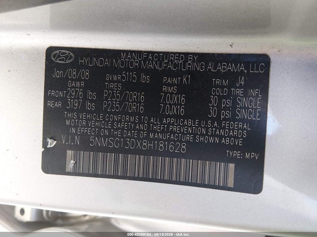 5NMSG13DX8H181628 2008 HYUNDAI SANTA FE photo no. 9