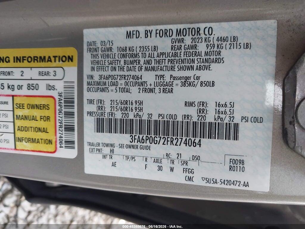 3FA6P0G72FR274064 2015 FORD FUSION photo no. 9