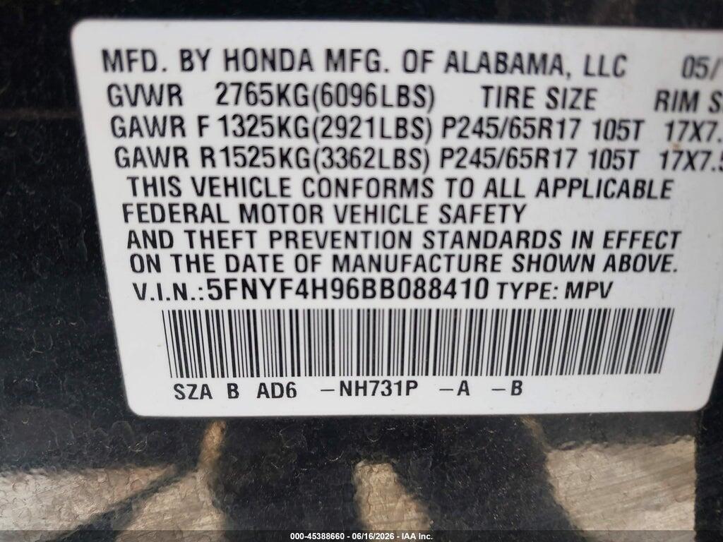5FNYF4H96BB088410 2011 HONDA PILOT photo no. 9