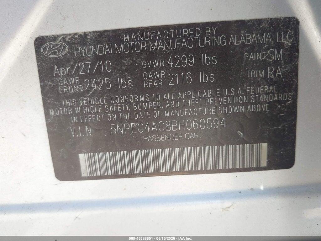 5NPEC4AC8BH060594 2011 HYUNDAI SONATA photo no. 9