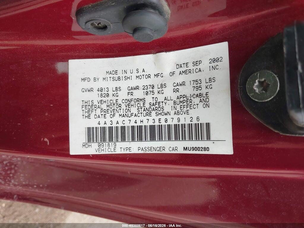 4A3AC74H73E079126 2003 MITSUBISHI ECLIPSE photo no. 9