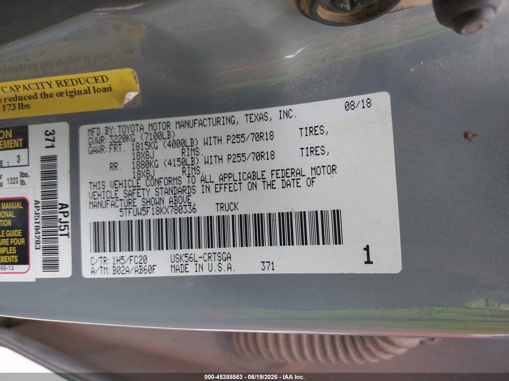 5TFUW5F18KX780336 2019 TOYOTA TUNDRA photo no. 9