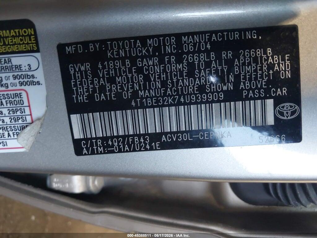 4T1BE32K74U939909 2004 TOYOTA CAMRY photo no. 9