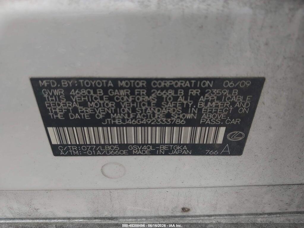 JTHBJ46G492333786 2009 LEXUS ES 350 photo no. 9