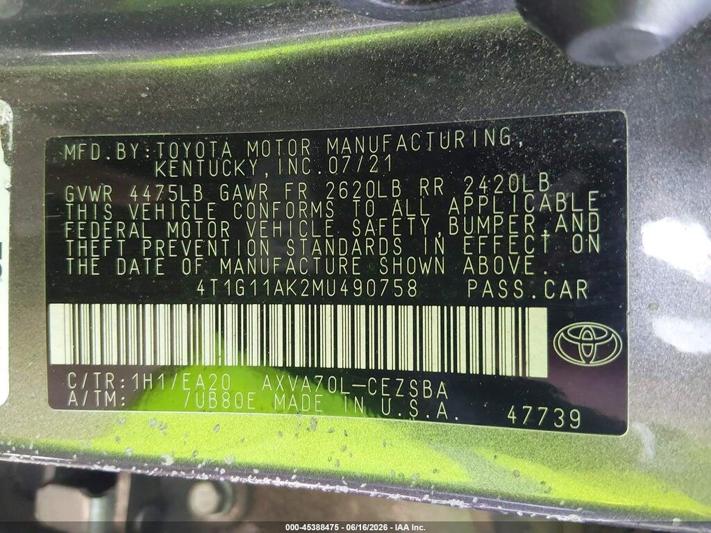 4T1G11AK2MU490758 2021 TOYOTA CAMRY photo no. 9