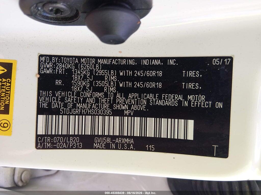 5TDJGRFH7HS030395 2017 TOYOTA HIGHLANDER HYBRID photo no. 9