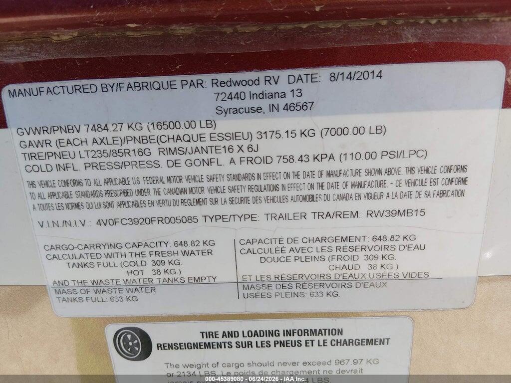 4V0FC3920FR005085 2015 CROSSROADS REDWOOD 39MB photo no. 9