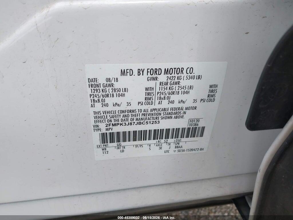 2FMPK3J87JBC51253 2018 FORD EDGE photo no. 9